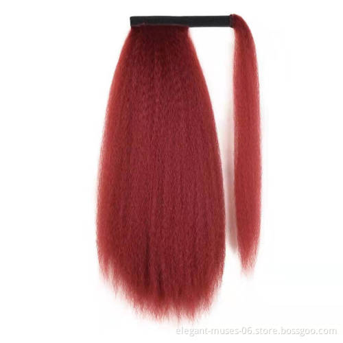 Aodal Long Ponytail Hair Extension Kinky Straight Yaki Synthetic Hairpiece Wrap In Clip Hair Extensions Pony Tail Natural Color